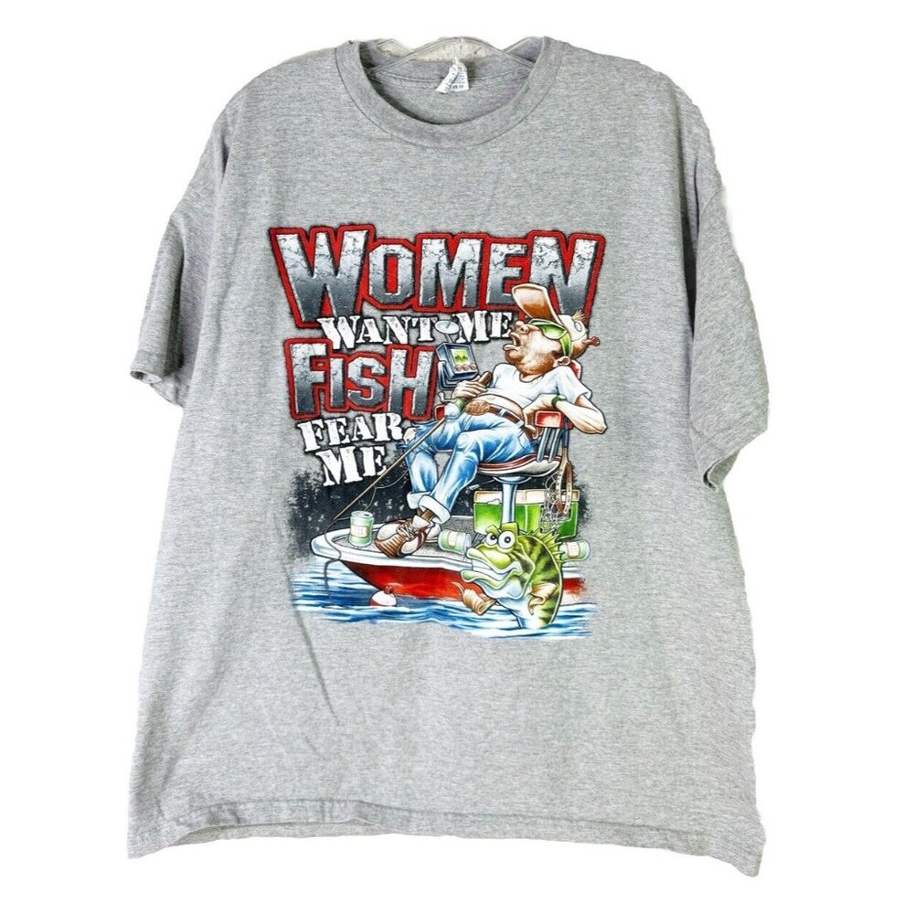 Delta Pro Weight L Large " Women Want Me Fish Fear Me" Fishing Novelty Shirt EUC